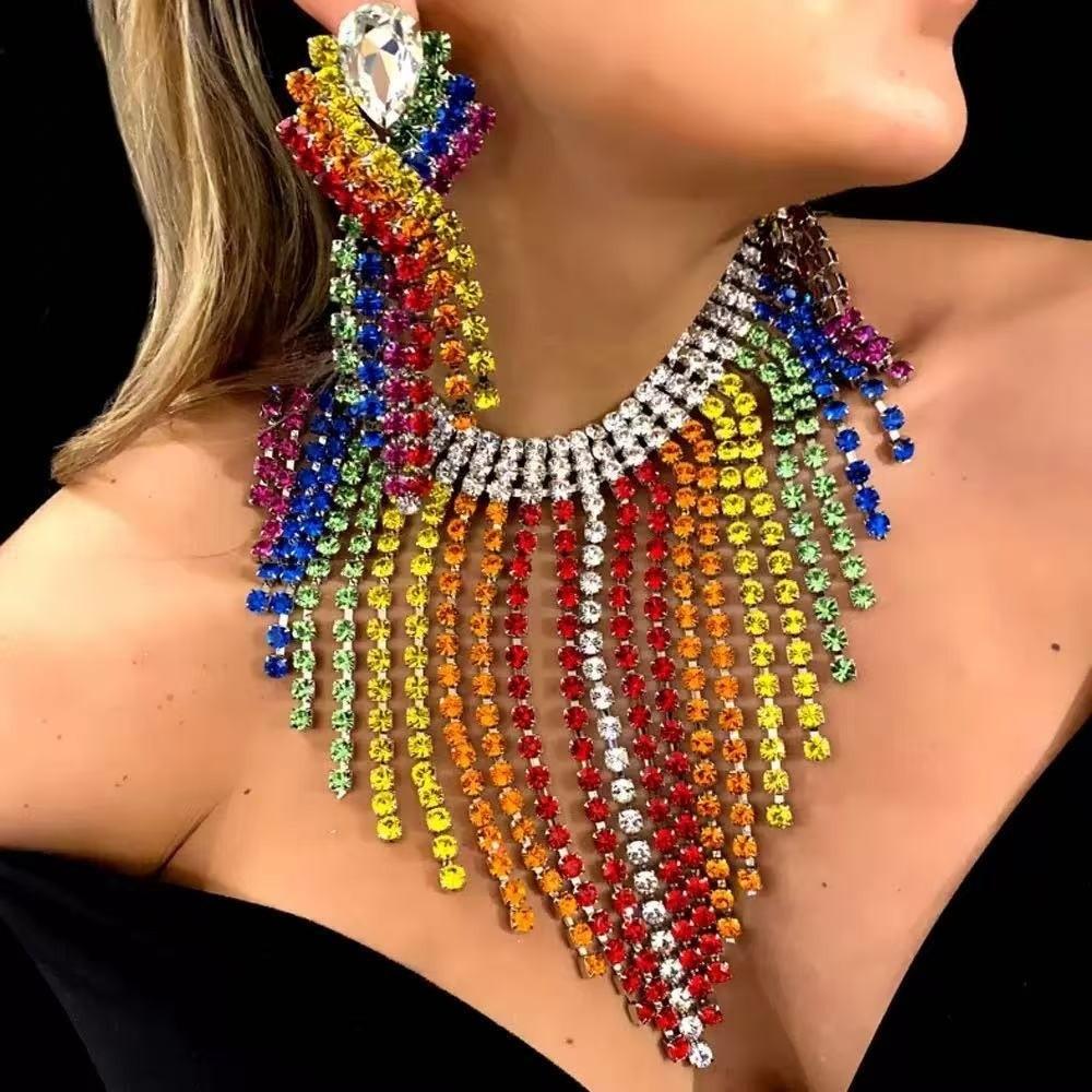 Vintage Rhinestone Crystal Necklace Shiny Ear Studs Luxury Rainbow Tassel Jewelry Set Girls