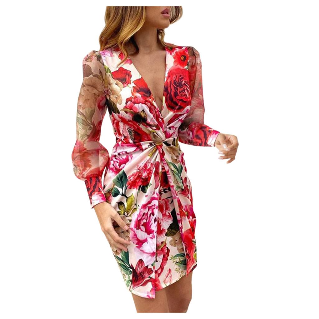 Women Long Sleeve V Neck Vestido Corto Estampado Dress Holiday