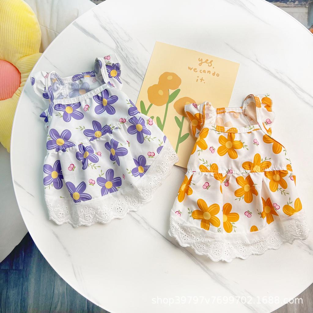 Flying Sleeve Floral Lace Princess Dress Spring and Summer Pet Dog Dog Cat Clothes Skirt Teddy Bear