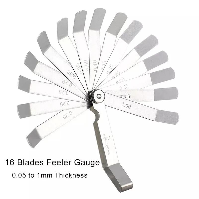 16 Blades Metric Feeler Gauge 0.05-1.0mm Curved Valve Offset Meansurement Tool for Spark Plug Gap Valve Tappets
