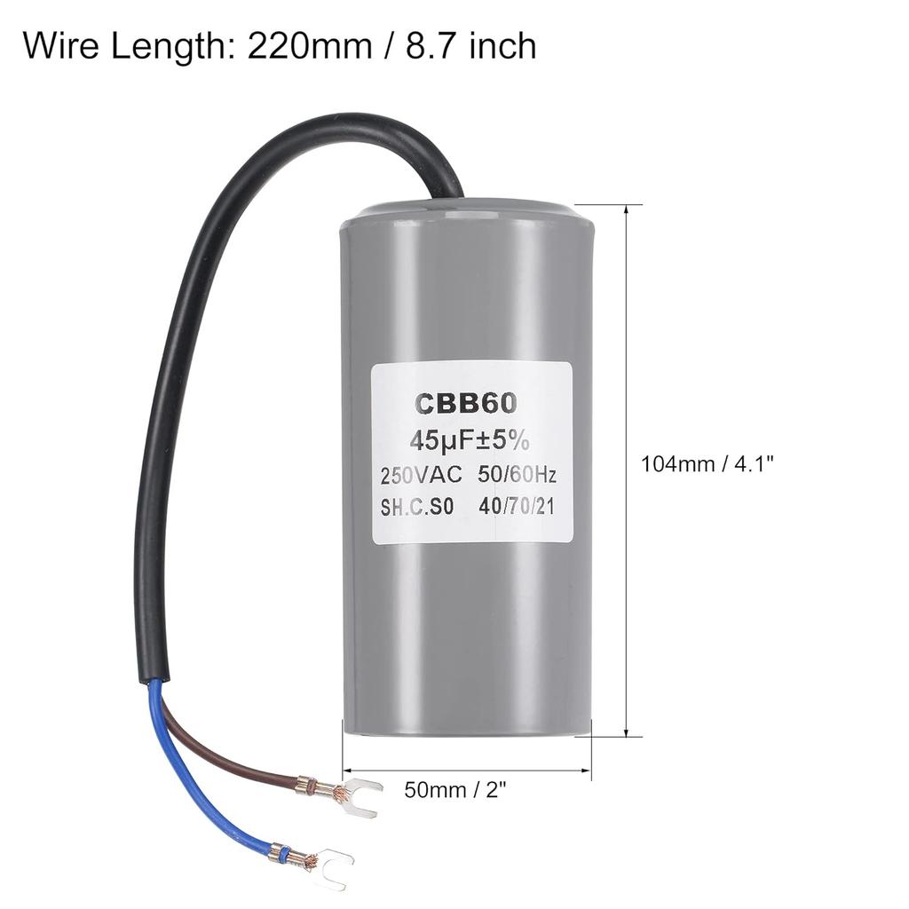 MECCANIXITY CBB60 Пусковой конденсатор 45 мкФ 250 В AC 2 провода 50/60 Гц Рабочий конденсатор для асинхронного двигателя 104x50 мм с клеммой для воздушного компрессора водяного насоса