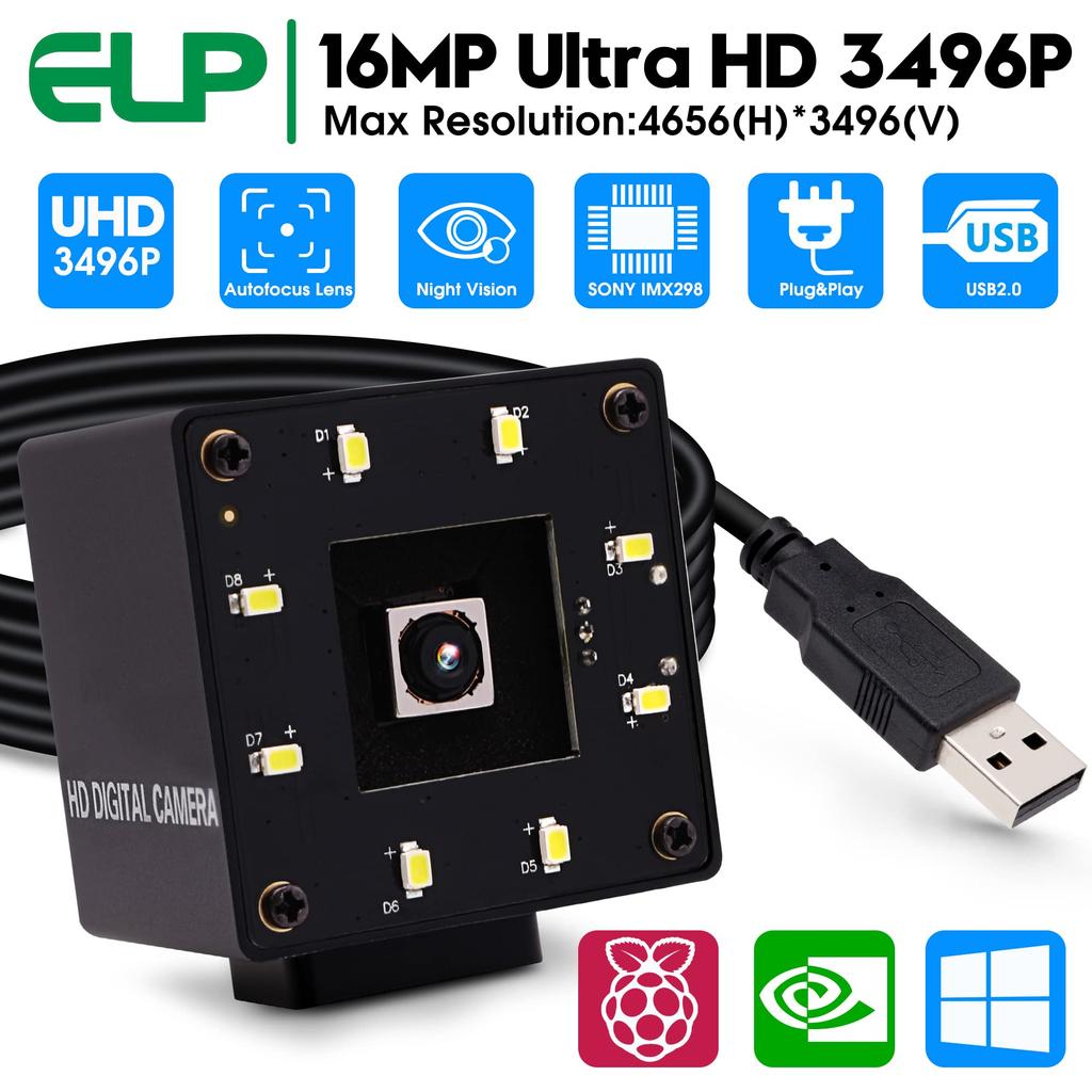 ELP 16MP Night Vision Webcam with Wide Compact 4K USB Camera for White LED UVC USB Mini Video Camera Laptop PC USB Camera for and Industrial Use