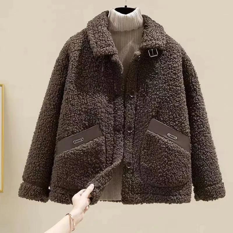 Women's Autumn and Winter Plus Cashmere Lambs Wool Coat Grain Cashmere Fur One Lamb Wool Short Coat Coat Women
