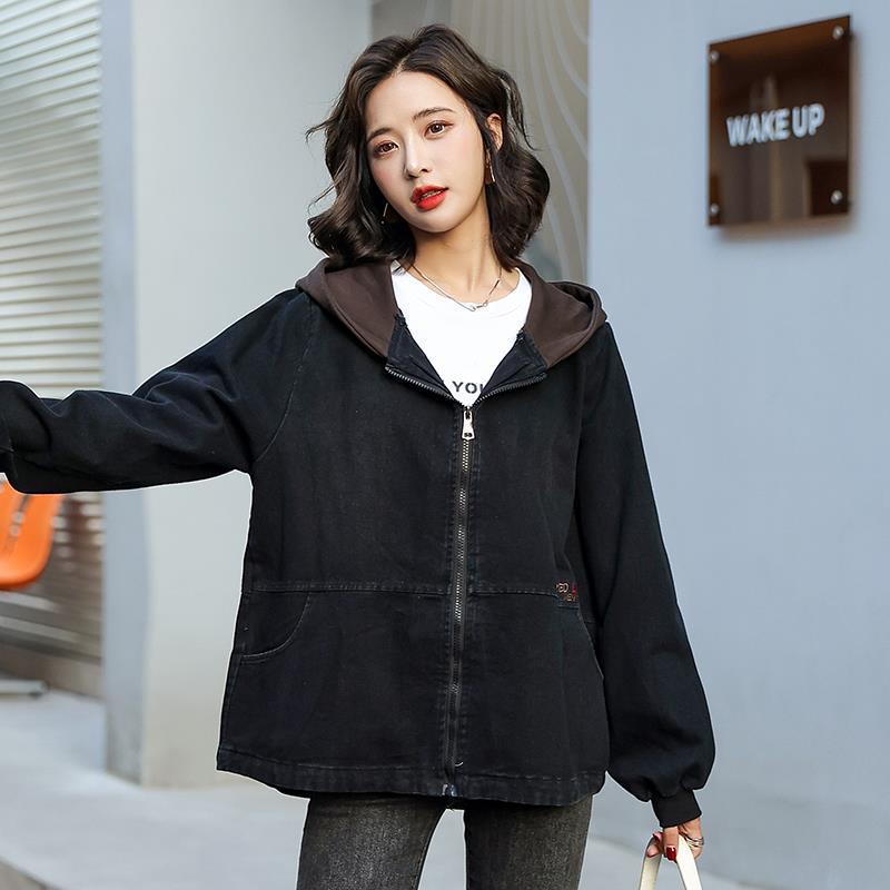 Джинсовая куртка с капюшоном в корейском стиле свободного кроя с вышивкой медведя и цветными блоками для женщин