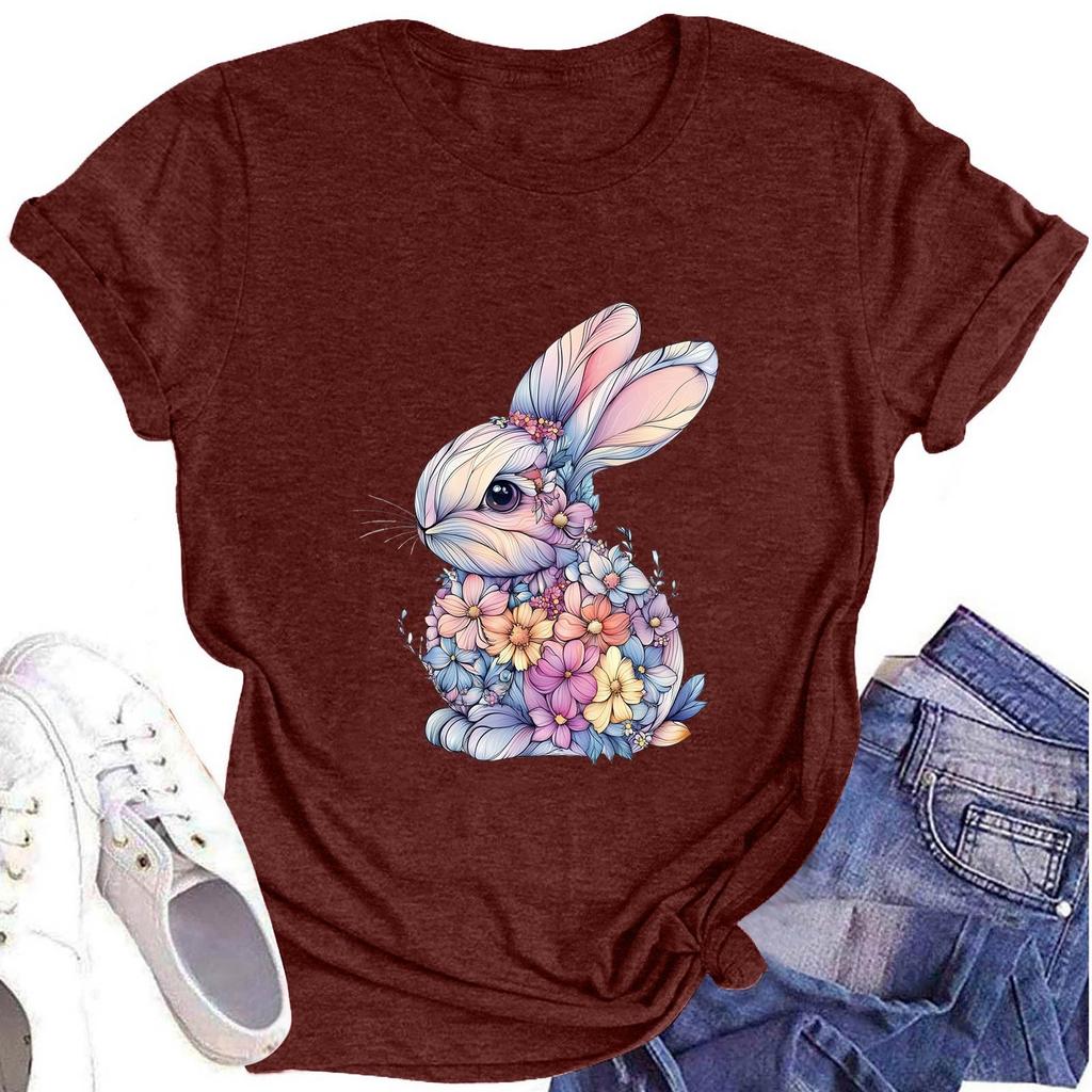 Women's Fashion Round Neck Short Sleeve T-Shirt Easter Printed Casual Top
