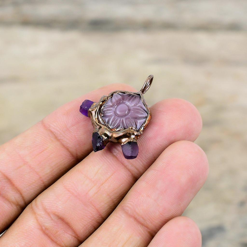 Резной аметист с африканским аметистом, грубый кулон, медный кулон, изготовленный гальваническим методом, новый кулон ручной работы, ювелирные изделия из драгоценного камня, гальванопластика