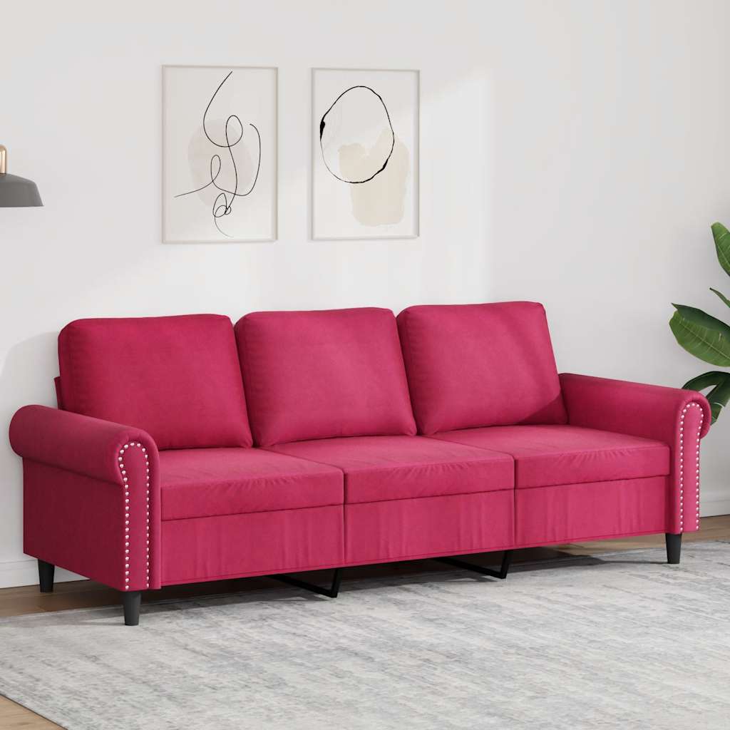 Vidaxl Sofa 3-Osobowa, Winna Czerwień, 180 Cm, Obita Aksamitem