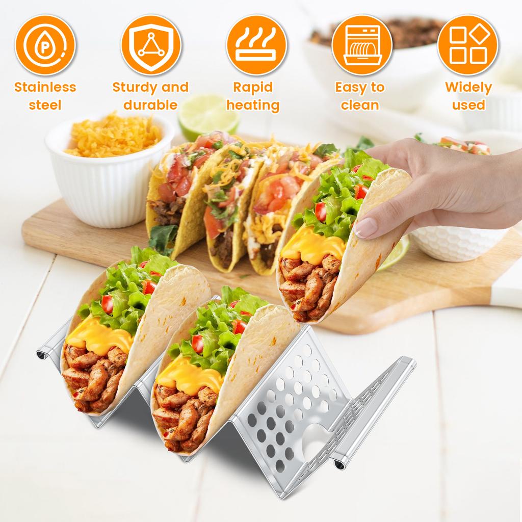 4Pcs Taco Holder Stainless Steel Taco Holder Stand Taco Rack Holds Up To 3 Tacos Grill Oven and Dishwasher Safe Taco Stand