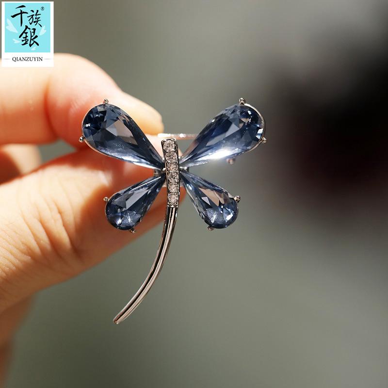 High-End Blue Crystal Dragonfly Brooch with Copper Zircon – Elegant Holiday Gift Jewelry