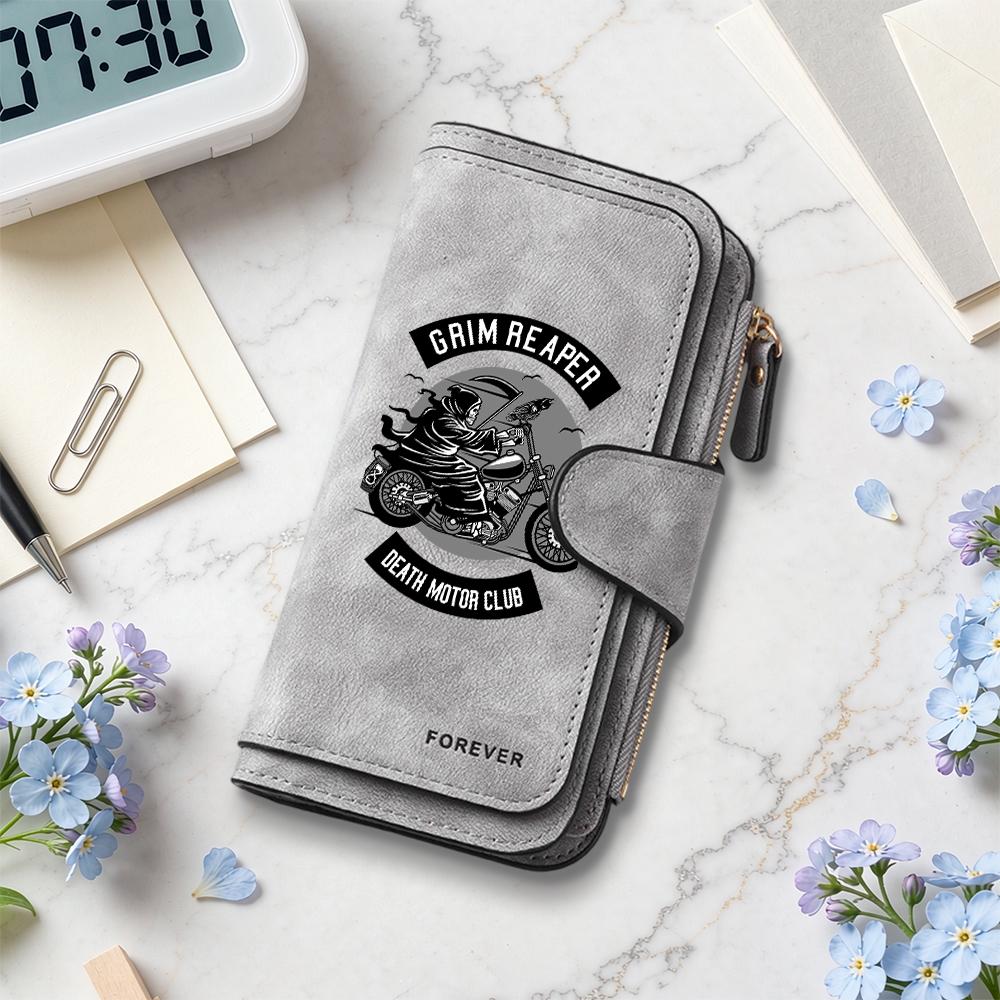 Grim Reaper Biker Men Leather Wallet Fashion Casual Multi Card Portable Long Purse