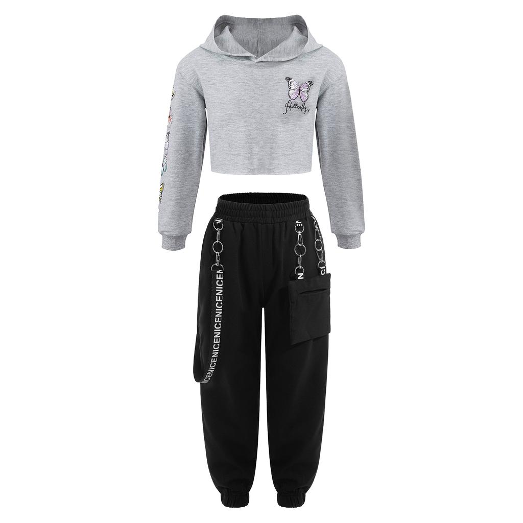 Kids Street Dance Wear Long Sleeve Butterfly Hooded Crop Top and Sweatpants with Elastic Waistband Chain Pockets for Hip Hop Show
