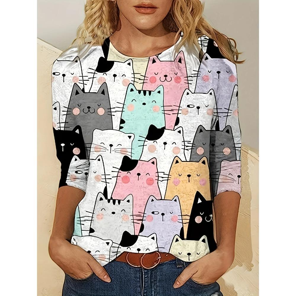 Женские модные топы Повседневная футболка с принтом 3D Cat Футболка со свободным рукавом и длинным рукавом с круглым вырезом Женская футболка Harajuku