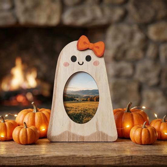 Holiday Gift Photo Holder Halloween Wooden Frame, Pumpkin/Ghost Picture Frame for Wall Personalized Hanging or Desktop Display, Home Decor Sturdy Wood