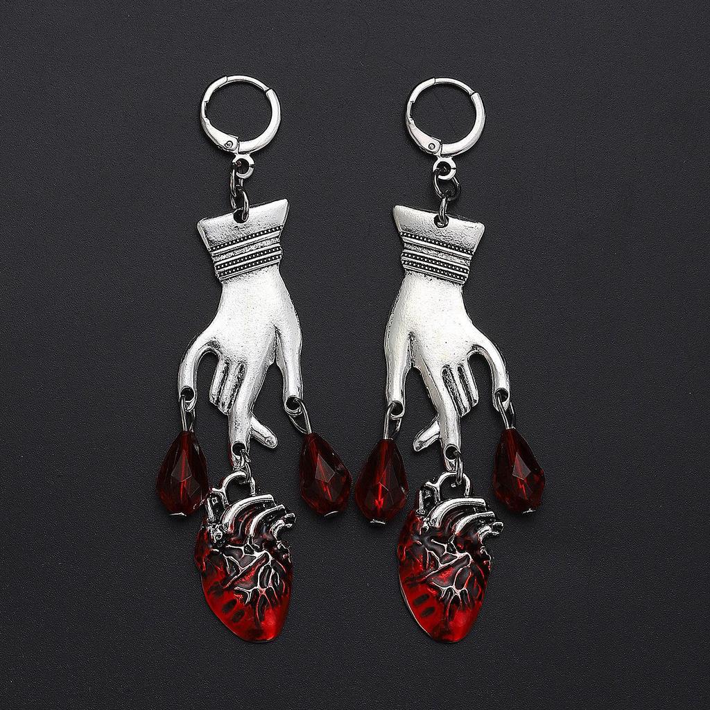 Gothic Dark Ruby Heart & Hand Drop Earrings - Creative European & American Design