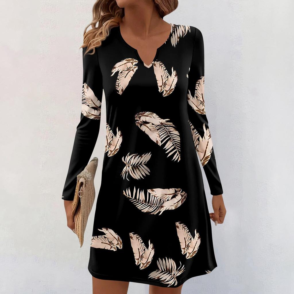 Women's Long-sleeved Casual Midi Dresses V-Neck Print Casual Dress
