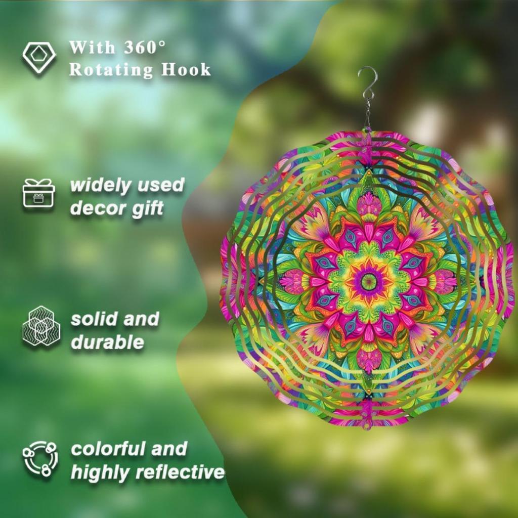 Подвеска-колокольчик с крючком 360 градусов 25,4 см Яркий дизайн мандалы Красочный металлический декор для сада, патио, балкона Все сезоны Прочный уличный декор