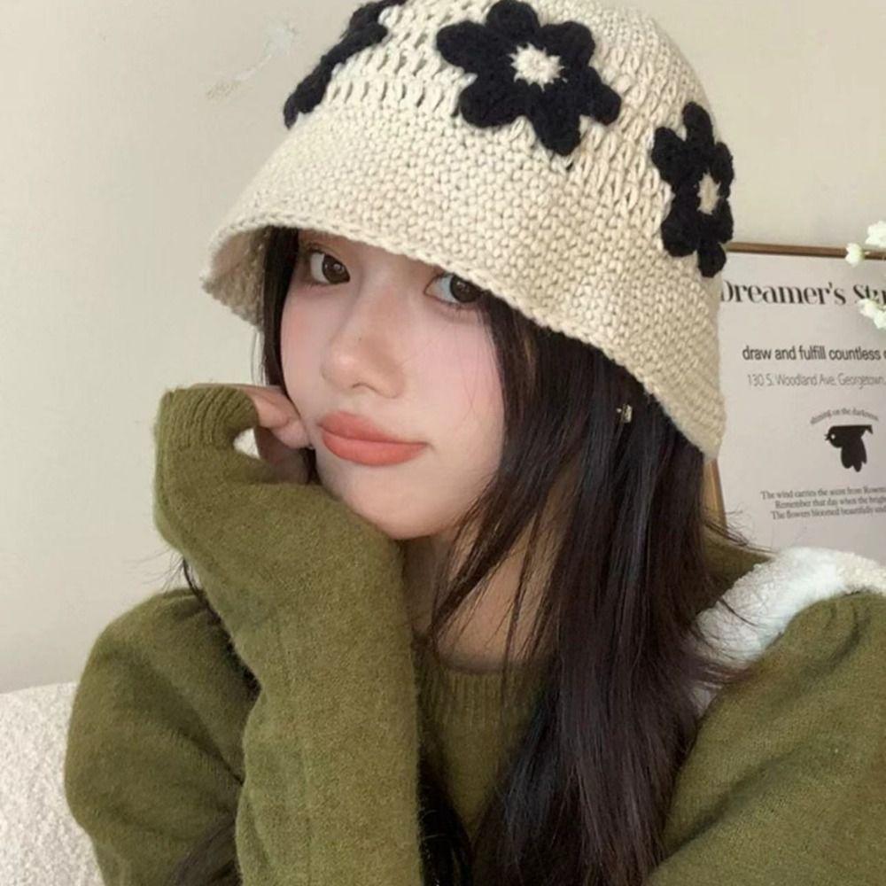 Korean Style Crochet Flower Knitted Hat Sweet Bucket Hat Cute Beanies Hat  Girls