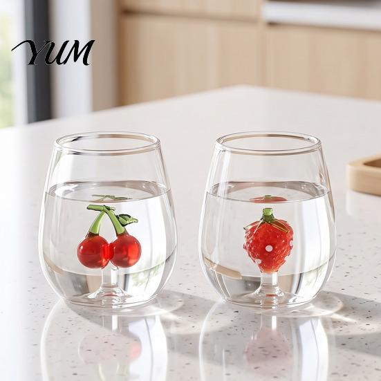 Cute Glass Cups with 3D Fruit Ornaments Clear Drinking Cup And Christmas Holiday Ornaments, Handmade Decorative Mugs Heat Resistant Borosilicate