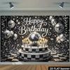 2D Flat Banner - Disco Ball Black and White Pattern Cake Birthday Background Cloth - Silver Ball Balloons and Snowflake Design