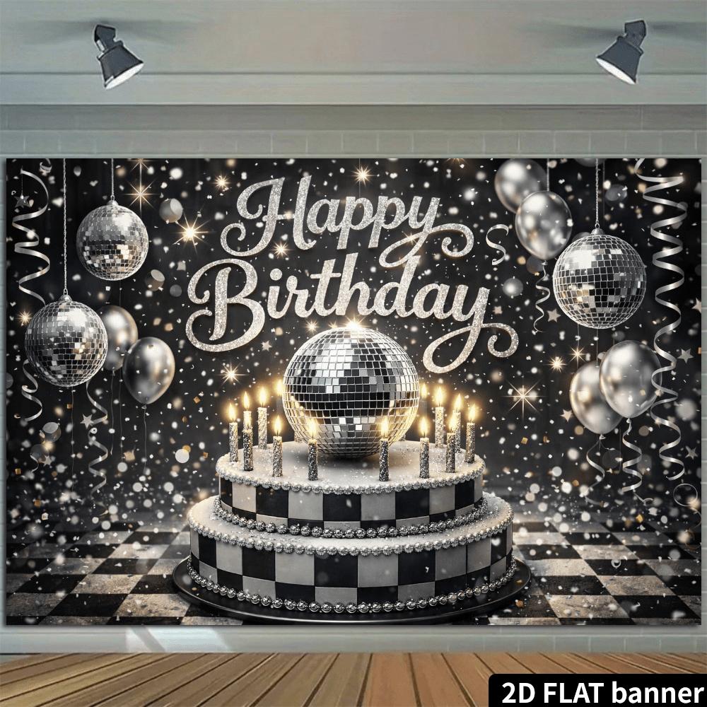 2D Flat Banner - Disco Ball Black and White Pattern Cake Birthday Background Cloth - Silver Ball Balloons and Snowflake Design