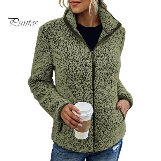 Winter Jacket Stand Collar Long Sleeves Pockets Zipper Closure Fluffy Coat Cardigan Women Autumn Solid Color Plush Streetwear