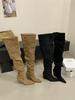 2025 Autumn and Winter New Big Tube Circumference Pointed Toe Over Knee Boots Thick Heel High Boots Slope Heel Boots Stacking Boots