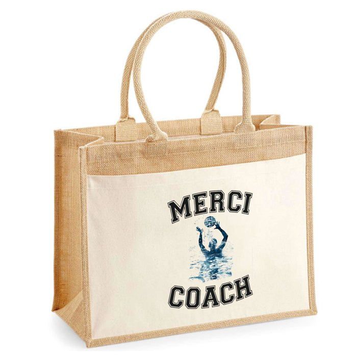 Sac de plage - PLANETEE - Cabas "Merci Coach" jute avec poche - Coton beige - Grande contenance - Imprimé en France