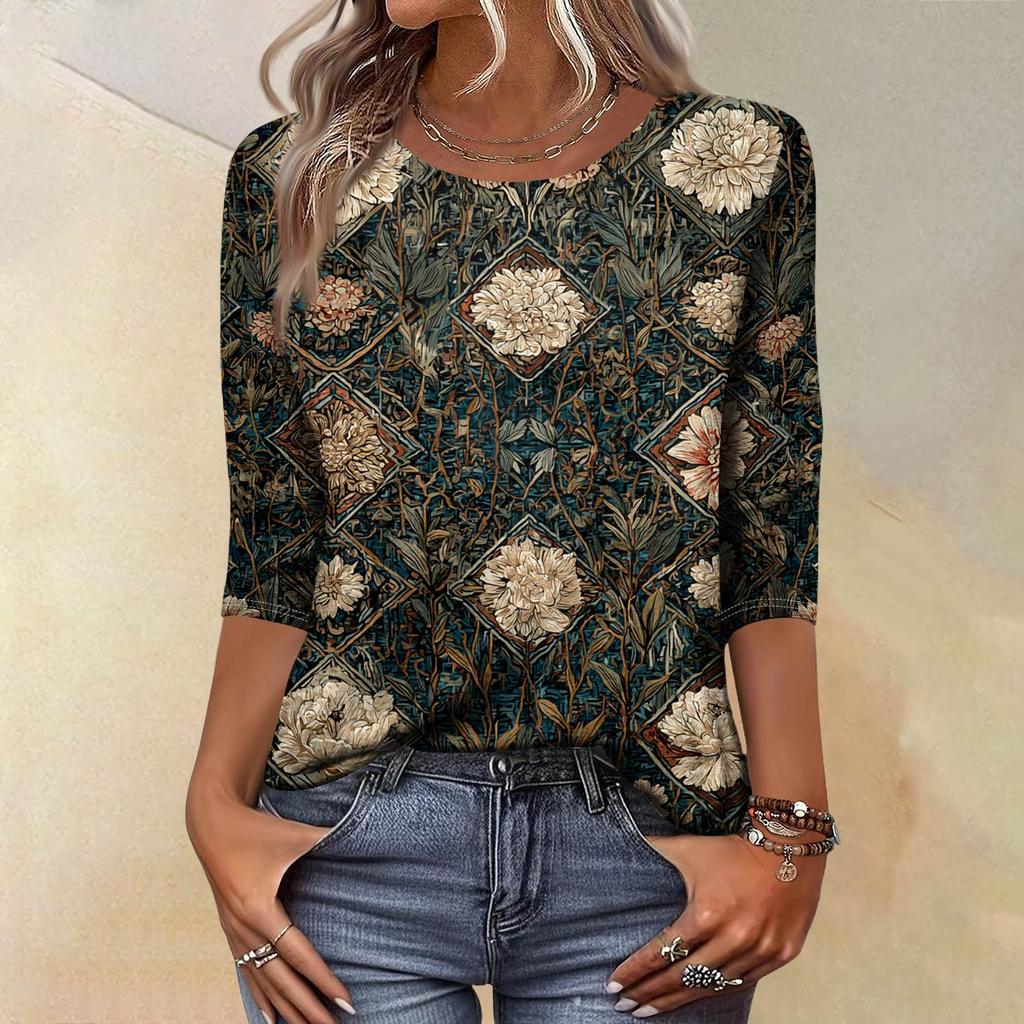Модный винтажный топ с рукавом три четверти для женщин, женская повседневная блузка-футболка с круглым вырезом и принтом