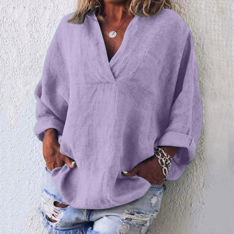 Women's Fashion Casual V Neck Long Sleeve Pullover Top Linen Cotton Blend