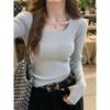 Gray Bottoming Shirt Women's Autumn and Winter New Square Neck Long-sleeved Knitted Low-neck Sweater with Slim-fitting Early Autumn Top