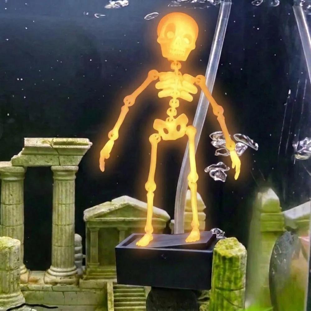 1D Printed Dancing Skeleton Aquarium Bubbler Plastic Air Driven Fish Tank Dance Skull Ornament with Air Tube Gothic