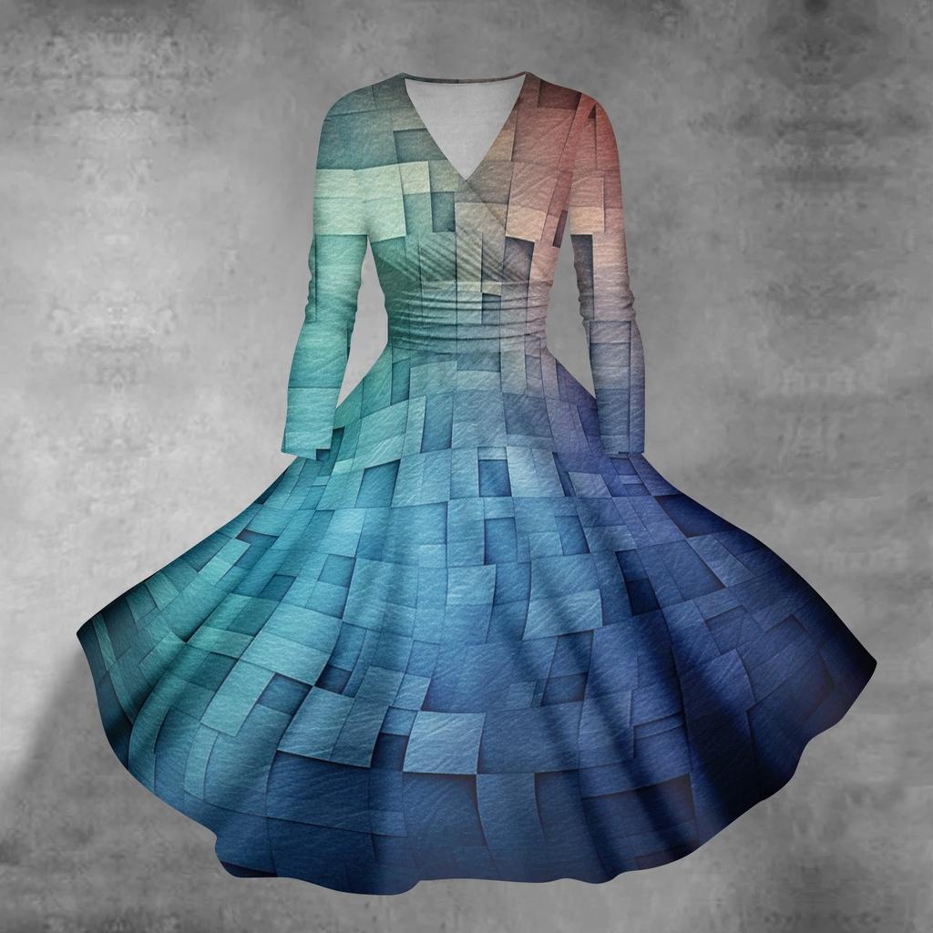 Женское повседневное и модное сексуальное платье с v-образным вырезом и длинными рукавами с градиентным принтом