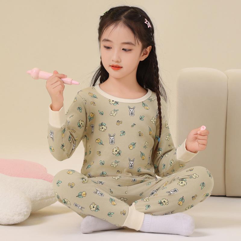 Комплект нижнего белья для девочек из чистого хлопка, фланелевый, осенне-зимний, с круглым вырезом