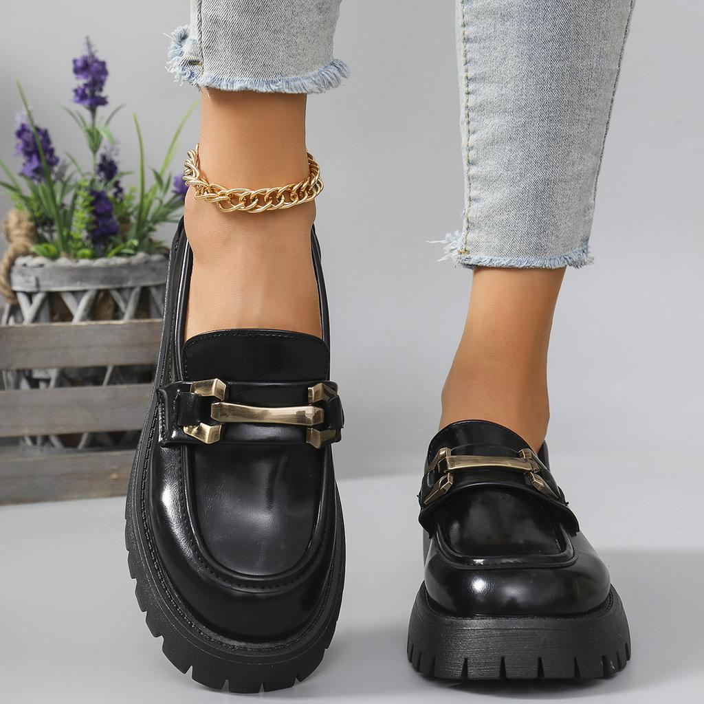Female Shoes Women Fashion Mary Janes Round Toe Flats Loafers Oxfords Platform Casual Metal Chain Buckle Ladies Heels Black