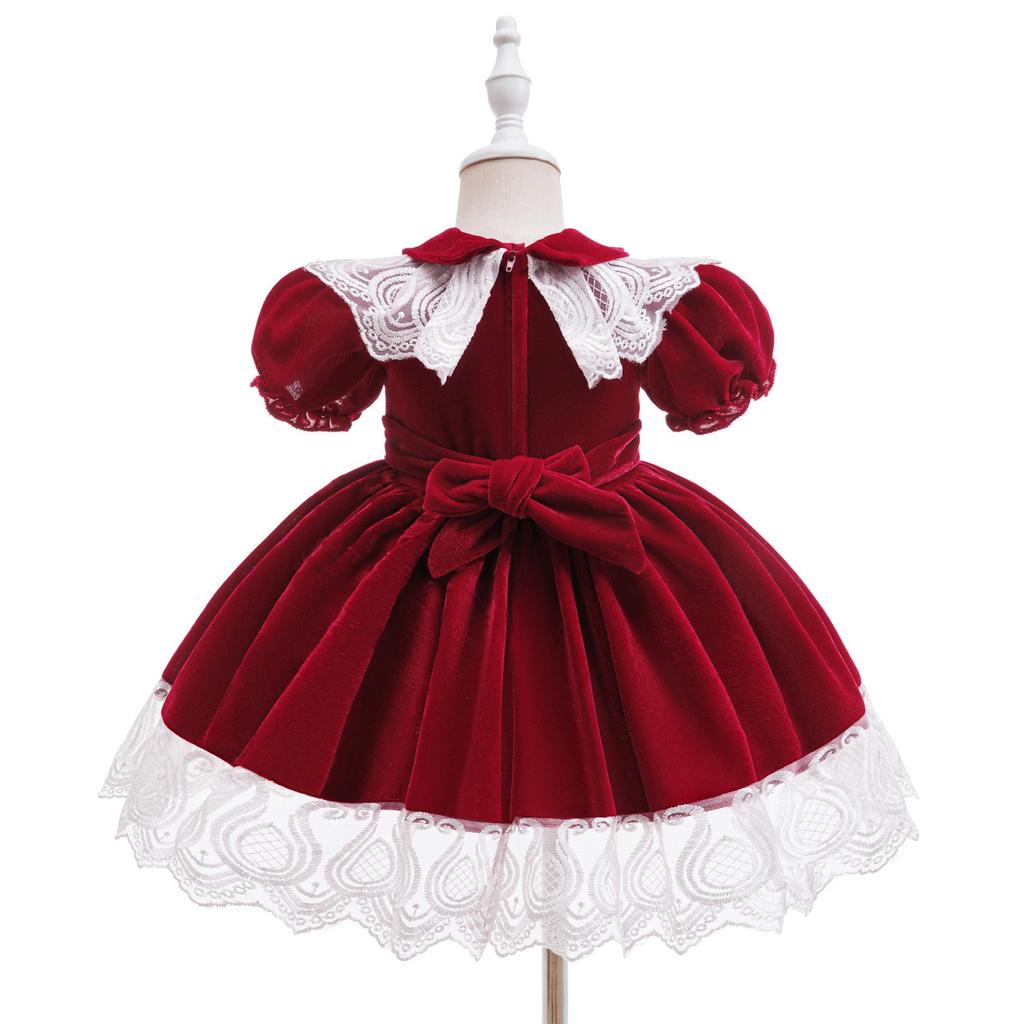 Зарубежное детское платье принцессы с вышивкой и бантом и пышными рукавами для Рождества и праздничных выступлений