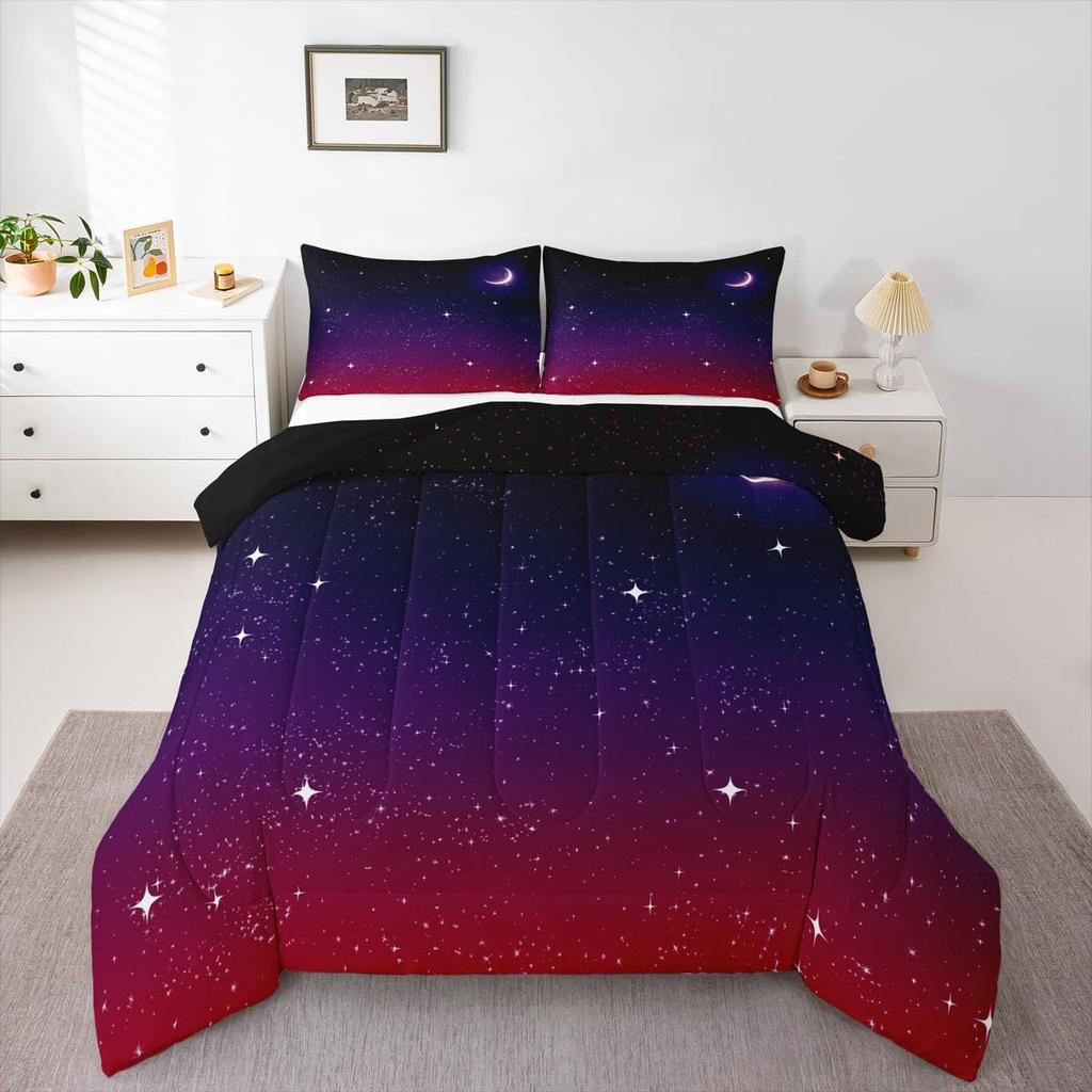 Kawaii Bedding Set Twin,2 Piece Star Moon Galaxy Comforter Set for Boys,Aesthetic Bed Set Star Space Down Comforter,Soft Reversible Starry S
