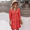Spring Solid Ruffles Dress Women Three Quarter Sleeve V Neck High Waist Summer S-XL