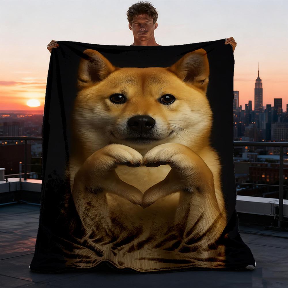 1pc Shiba Inu Love Print Outdoor Blanket, Lightweight Polyester,