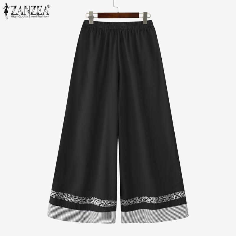 ZANZEA Женские повседневные укороченные брюки свободного кроя с эластичной талией и полосатой вставкой