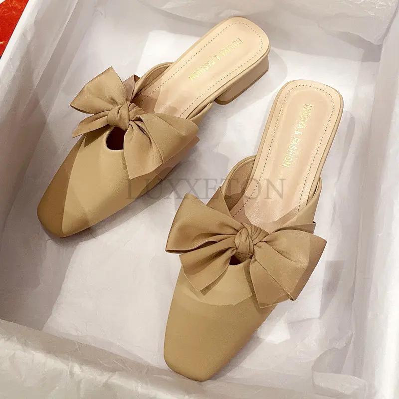 Туфли с острым носком Butterfly-Knot женские тапочки для отдыха на открытом воздухе Med Pantofle каблук мюли мокасины шлепанцы на плоской подошве с высоким покрытием PU резина
