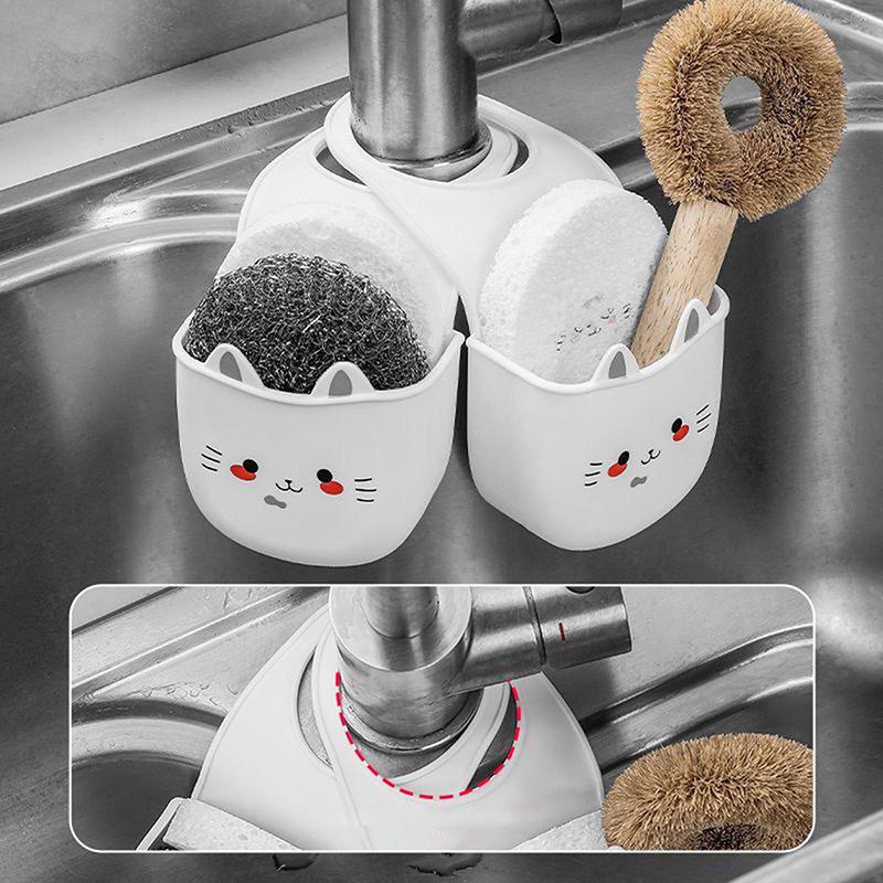 White Cartoon Cat Hanging Basket Soft Snap Fastener Faucet Sponge Holder Silicone Sink Hanging Storage Bag Faucet Accessories