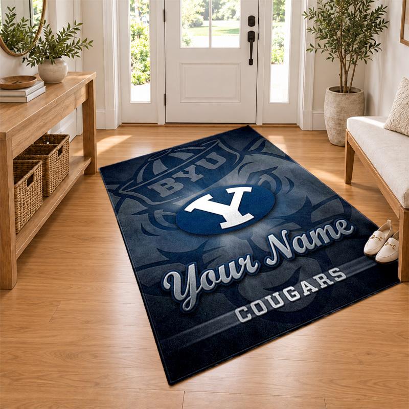 BYU Cougars Custom Name Personalized Rug Non‑Slip Doormat Floor Carpet Housewarming Birthday Gift for Family Friends