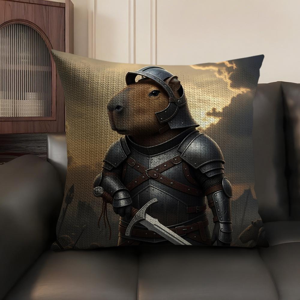 Samurai knight Capibara Cushion Cover Natural Linen Organic Fabric DoubleSided Printing Sofa Home Decor Gift Pillow Case