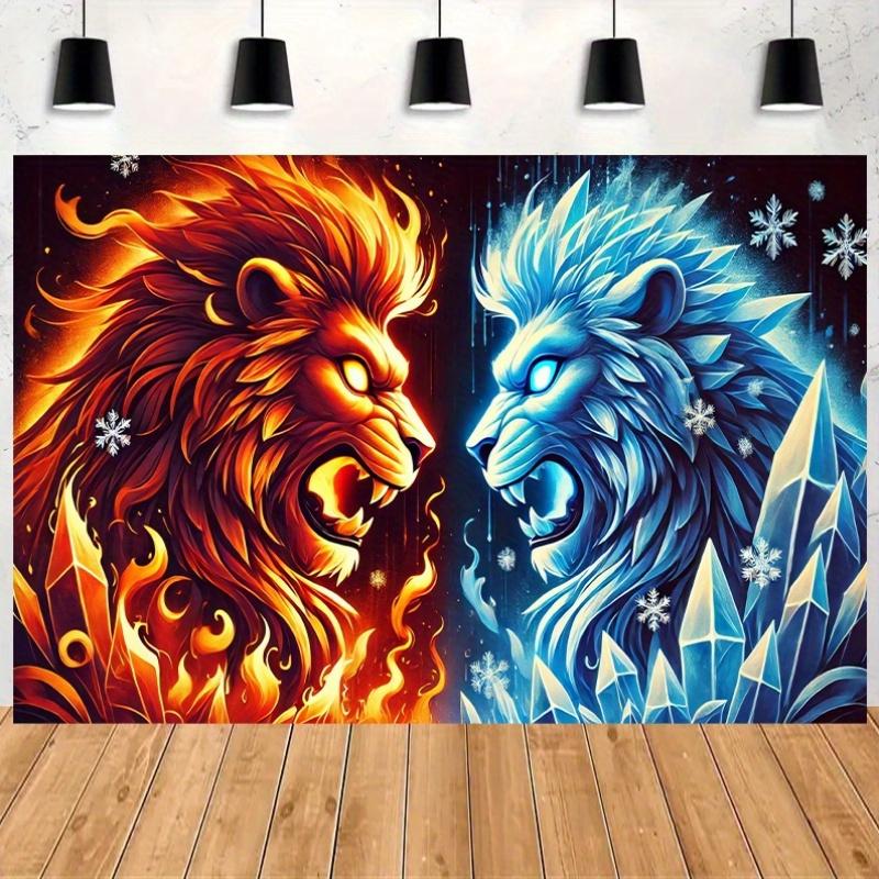 2D flat background cloth of the lion confrontation between fire and ice party decoration suitable for home polyester fiber