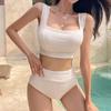 Женский купальник в корейском стиле с завышенной талией и разрезом - Однотонный, Слим-фит, Сексуальный, Красивая спина, Студенческий стиль для отпуска.