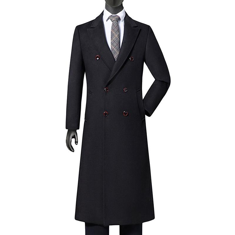Men's Double-Breasted Wool Blend Over-the-Knee Coat
