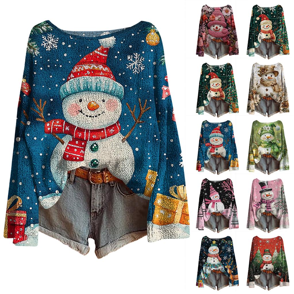 Women's Christmas Print Lightweight Sweater Casual Long Sleeve Knitted Pullover