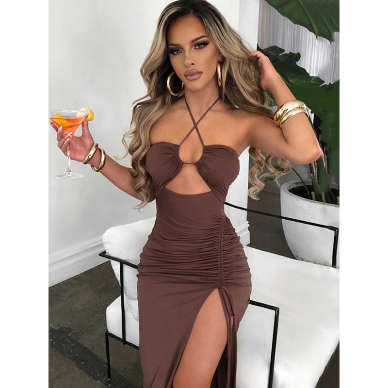 Hollow Out Drawstring Dress Women Sleeveless Backless High Split Elegant Ruched Dress Vestidos Partywear Robe Sexy Femme