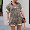 Women Romper Leopard Print Short Sleeves Turn-down Collar Short Sleeves Single-breasted Loose Vacation Style Short Romper