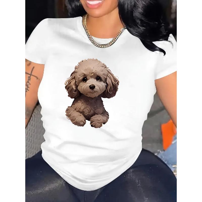 Женская повседневная футболка с коротким рукавом, европейский размер, с милым принтом собаки - Мягкая, эластичная, с круглым вырезом, можно стирать в машине, для всех сезонов